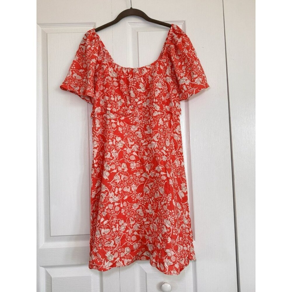 Red Floral Mini Dress Women US 8 Puff Sleeve Square Neck Summer - Picture 2 of 9